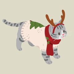 Simple and adorable Christmas illustration of Grey Tabby Cat with antlers and a sweater on flat colored