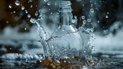 Glass bottle splashing into water with droplets