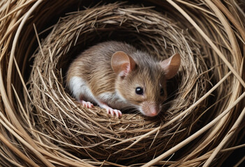  A sleepy mouse curled up in a nest. 