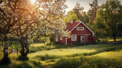 Fototapeta premium A red house with a white door sits in a grassy field