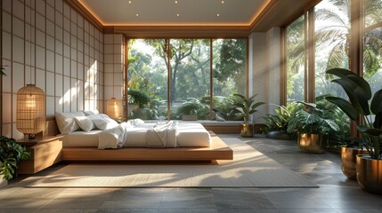 Tranquil modern bedroom with lush greenery - generative ai