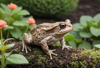 Fototapeta premium A curious toad hopping through a garden. 