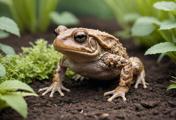 Fototapeta premium A curious toad hopping through a garden. 