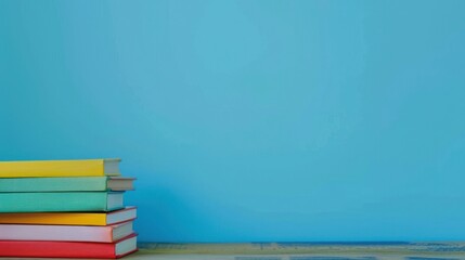 Stack of Colorful Books Against a Blue Wall