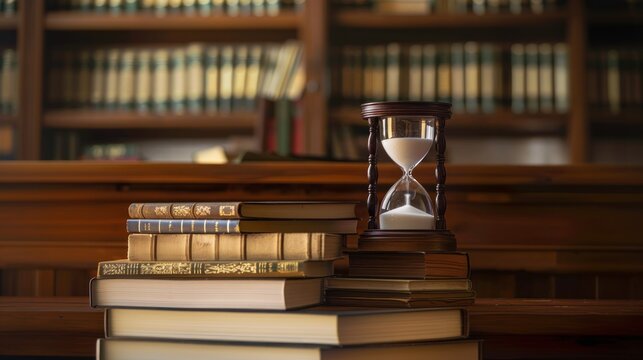 Stack of law books with an hourglass on top representing legal studies and the passage of time, legal knowledge, time management