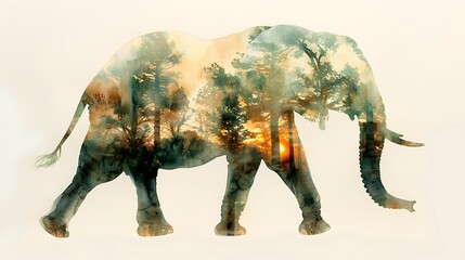 Obraz premium A double exposure watercolor painting of a mighty elephant, the jungle scene merging into its body, delicate shades of green and brown, with light dappling through the leaves,