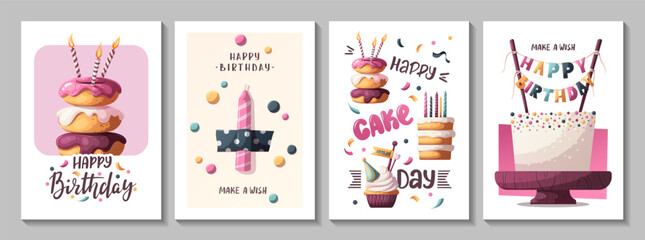 Birthday cards with cakes, cupcake, birthday donuts and candles. Handwritten lettering. Birthday party, celebration, congratulations, invitation concept. Vector illustration. Postcard, card, cover.