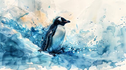 Obraz premium A double exposure watercolor painting of a penguin, the iceberg and arctic landscape merging into its form, delicate shades of blue and white, with light dappling through the ice,