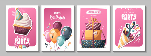 Happy Birthday cards with cupcake, balloons, gift boxes, party hat. Handwritten lettering. Birthday party, celebration, congratulations, invitation concept. Vector illustration. Postcard, card, cover.