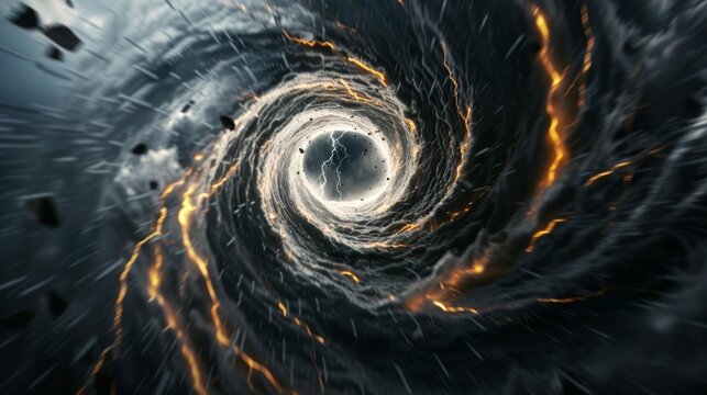 Swirling vortex with hail and windstorm, lightning strikes illuminate dark sky, debris flying, intense dynamic scene