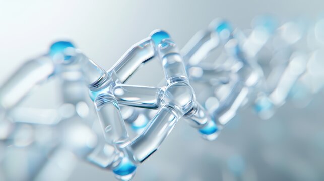 Transparent biopolymer strands intertwined, forming a complex lattice structure with glowing blue nodes, set against a sleek, futuristic lab backdrop