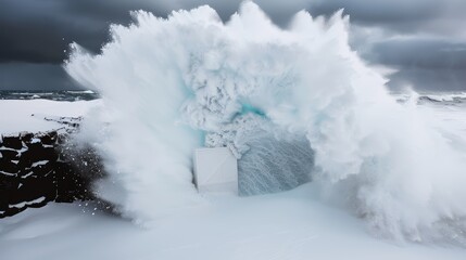 Violent snowstorm meets tempest, enormous wave crashing on rocky shore, stormy backdrop, intense weather conditions, high-resolution photo, atmospheric turmoil