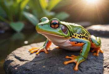 Naklejka premium A colorful frog basking in the sunlight. 