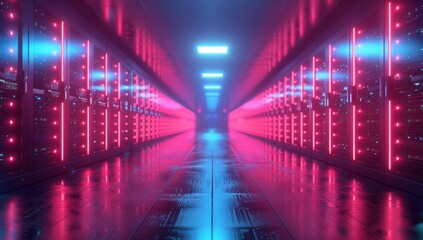 Neon Lit Server Room Corridor