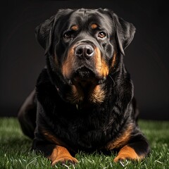 Stunning proud Adult pedigree male Rottweiler sitting and laying grass posing for a photograph, taken at eye level with studio lights on the lawn looking inquisitive, ready to protect
