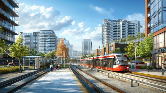 Generate a photo realistic image of transit-oriented development integrating residential and commercial areas around public transport; ensure the image is of high resolution.