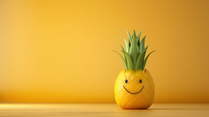 Orange background, a flat pineapple, smiling expression, with obvious pineapple features on top, prominent pineapple profile, ripe yellow and green color, 3D, anime style, matte