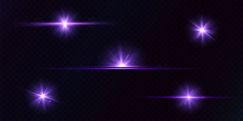 Set of purple glowing light effects isolated on transparent background. Solar flare with rays and glare. glow effect. Adobe Illustrator Artwork