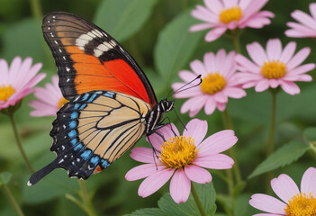 Fototapeta premium A colorful butterfly drinking nectar from a flower. 