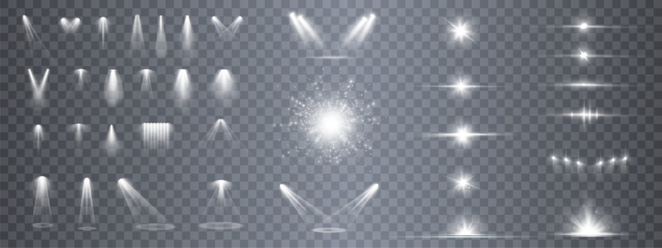 Set of vector isolated spotlight light effects. White glowing spotlight on a transparent background. Vector 10 EPS	
