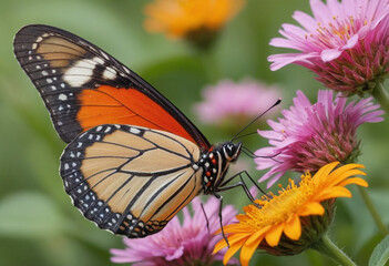 Naklejka premium A colorful butterfly drinking nectar from a flower. 