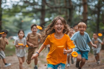 Fototapeta premium Happy Girl Running With Friends During a Daytime Outdoor Game