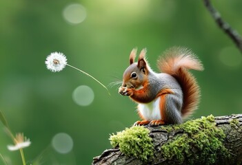 Obraz premium Curious Squirrel Investigates Delicate Dandelion Seed 