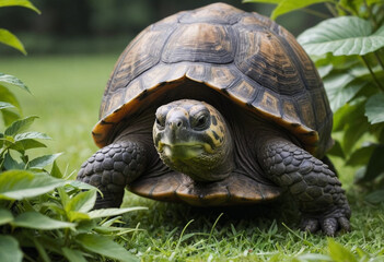 Obraz premium A tortoise grazing on a leafy plant. 