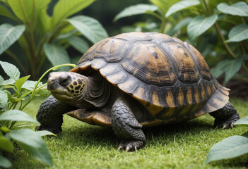 Obraz premium A tortoise grazing on a leafy plant. 