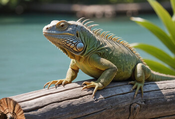 Obraz premium An iguana sunbathing on a log. 