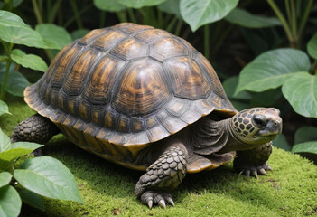 Fototapeta premium A tortoise grazing on a leafy plant. 