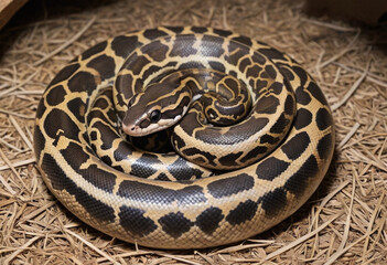 Fototapeta premium A ball python curled up in a hideout. 