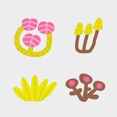 Cute morass, bog nature composition, postcard with funny hand drawn doodle plants, trees, nature elements. Wild pond, swamp nature t shirt print, cover, template, banner, poster print objects