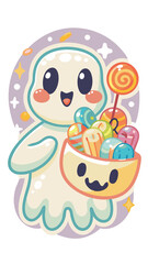Obraz premium happy halloween celebration,halloween little goast with candys,halloween candys,casper style,smile devil,horizontal, mystery, comic, fear, evil, pop, graphic, typescript, grunge, bat, horror