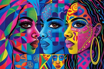 Colorful abstract portrait of women with geometric patterns and vibrant hues representing diversity