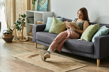 A young woman with a prosthetic leg sits on a couch in her living room, engrossed in a book.