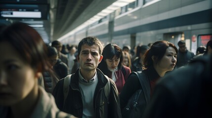Obraz premium Document the daily routines of commuters during rush hour at a busy transportation hub