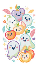 Obraz premium halloween little goast with fruits,happy halloween celebration transparent,halloween fruits,casper style,smile devil,horizontal, mystery, comic, graphic, typescript, grunge, bat, horror
