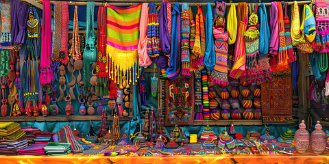 Fototapeta premium The Vibrant Vendors: A colorful market stall, displaying rows of vivid fabrics, jewelry, and handcrafted wares