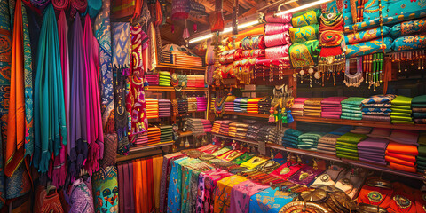 The Vibrant Vendors: A colorful market stall, displaying rows of vivid fabrics, jewelry, and handcrafted wares
