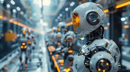 Fototapeta premium Futuristic Industrial Robots and Human Workers Collaborating on Efficient Assembly Line