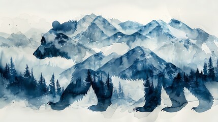 A mystical watercolor painting of a bear, its silhouette filled with a rugged mountain range, soft washes of gray and blue, with clouds drifting over the peaks,