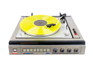 Vintage turntable record player with yellow vinyl isolated on white background.