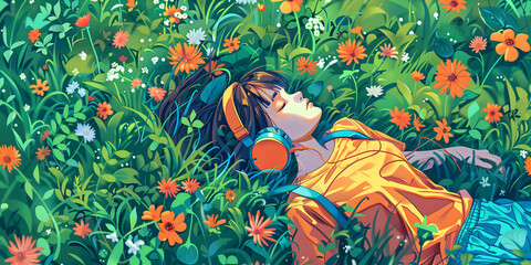Aerial View of a Girl Listening to Music in a Field. Perfect for promoting themes of leisure, mental wellness, 
for articles, blogs, and advertisements related to relaxation, music, mindfulness