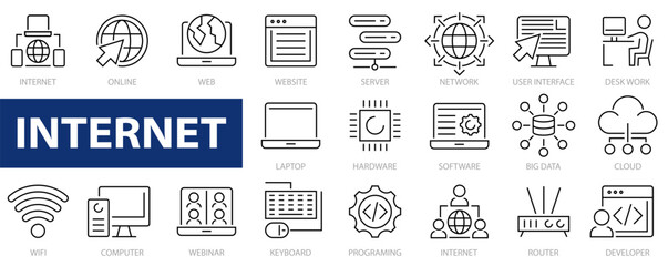 Internet icon set. Computer icons. Online, computer, network, website, server, web design, hardware, software and more. Vector illustration