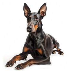 Doberman black dog lying down and isolated on white