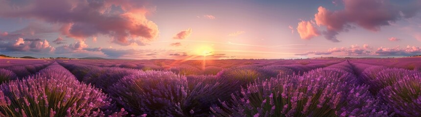 Panoramic view of the lavender flower fields at sunrise or dusk.