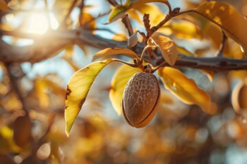 Almond Tree. Ripe Almonds Nuts Ready to Harvest on Autumn Background
