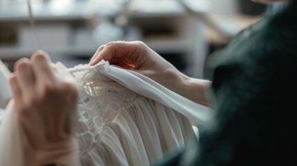 Close up of a seamstress carefully attaching lace details on a delicate white wedding dress