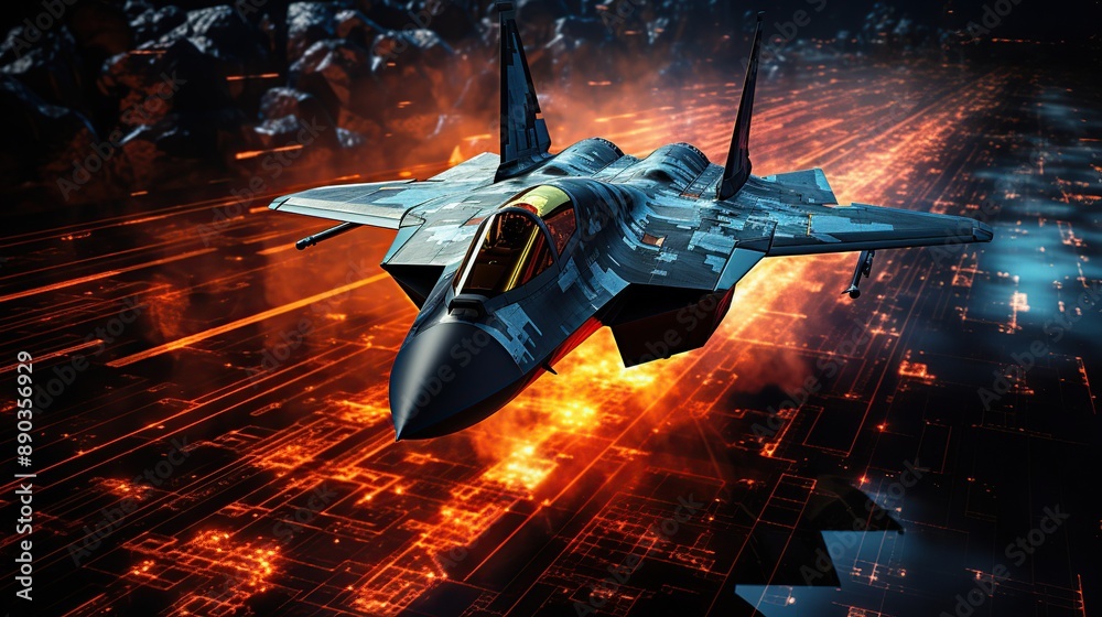 Wall mural Fighter Jet Soaring Above a Digital Landscape